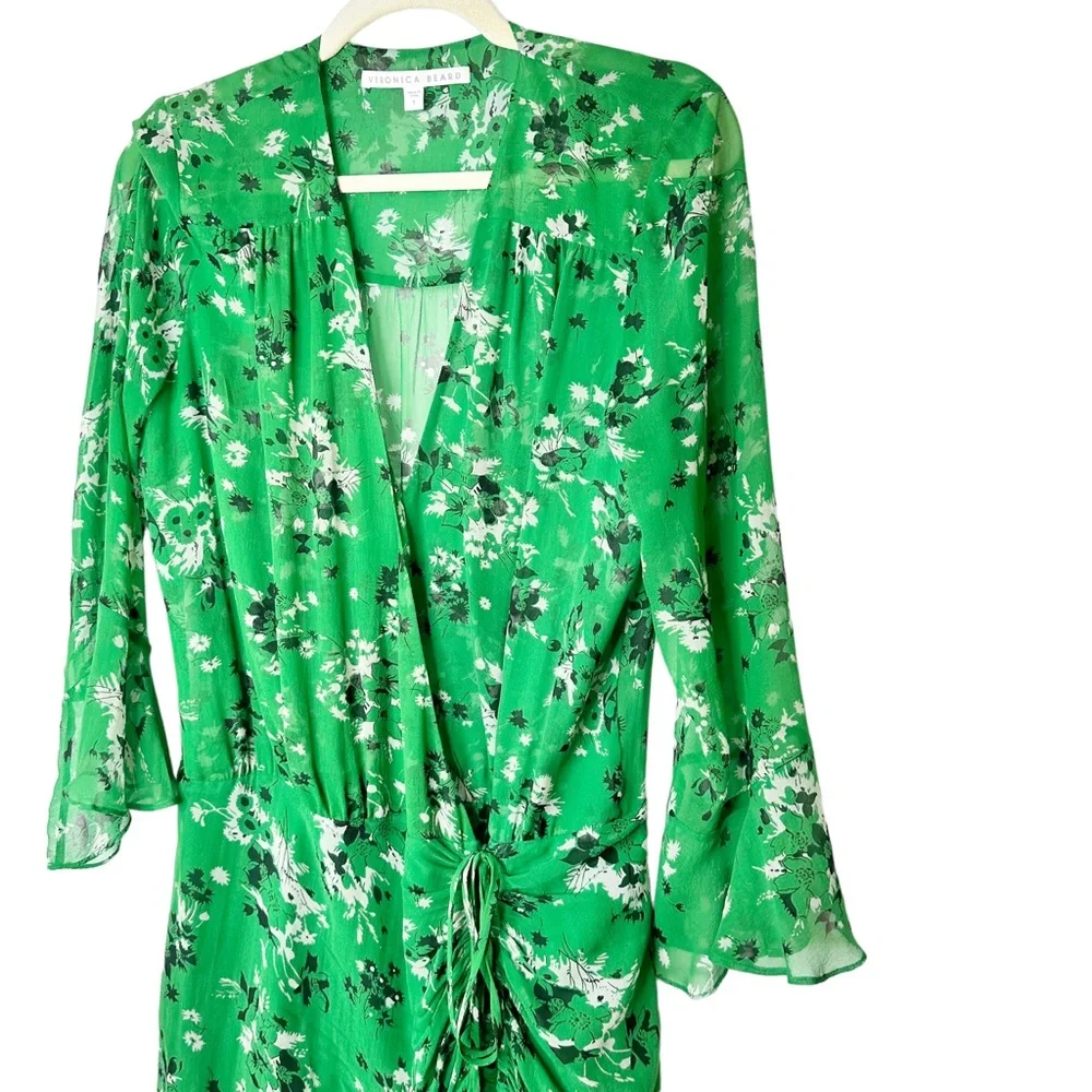Veronica Beard Sean Floral-print Silk Dress Green Multi Ruched Bell Sleeves 8 - Picture 9 of 15